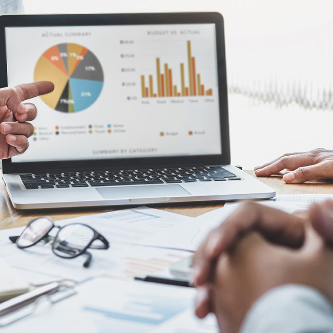 Business team collaboration discussing working analyzing with financial data and marketing growth report graph in team, presentation and brainstorming to strategy planning making profit of company.