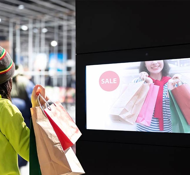 A man and a woman look at digital signage in a clothing store.